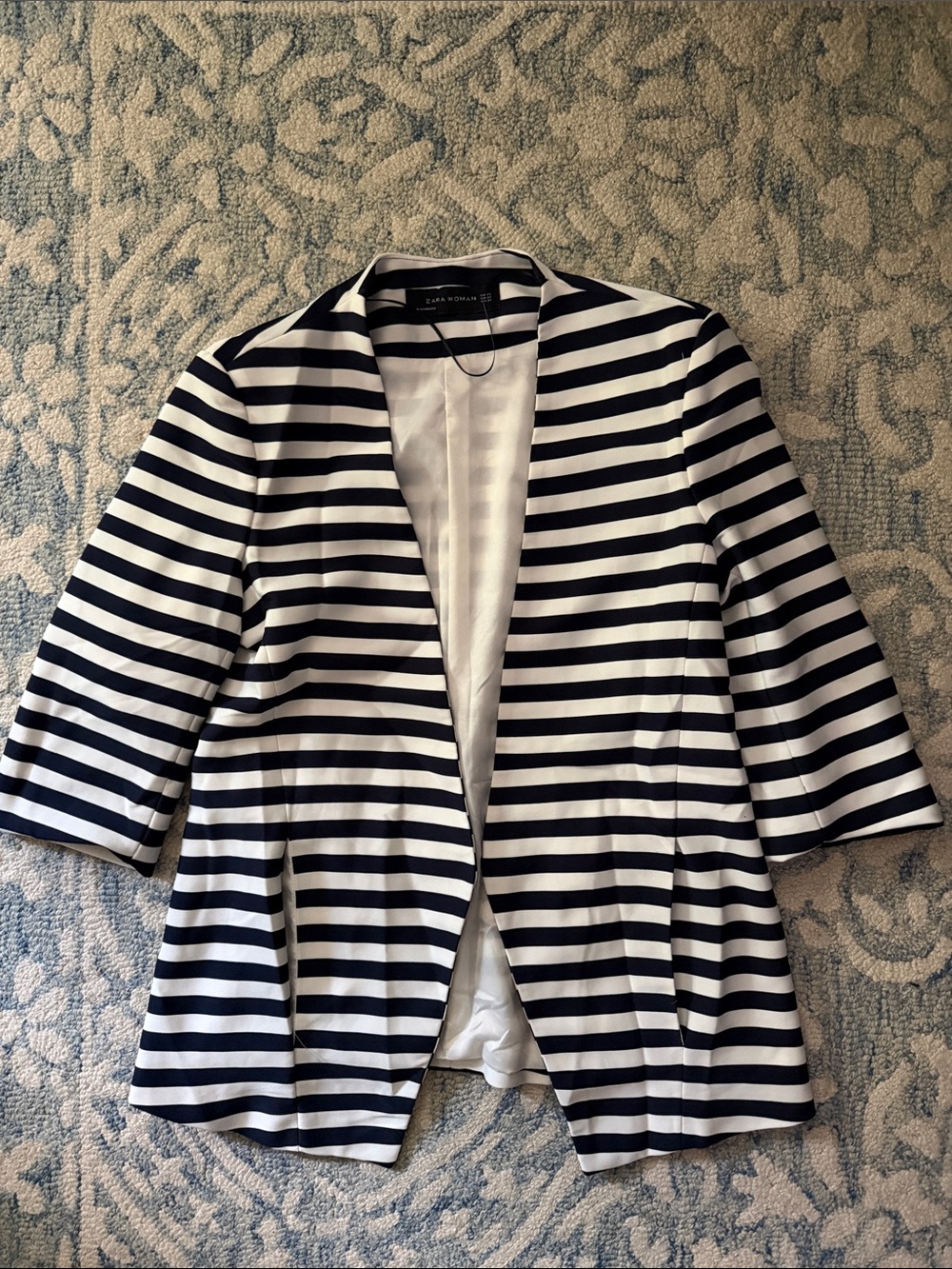 Zara Navy and White Striped Open-Front Blazer